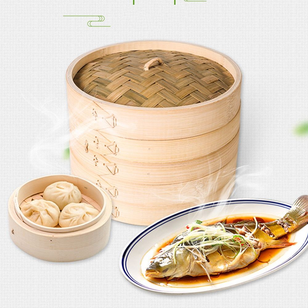 Bao Steamer Bamboo - 中華蒸し器、蓋付き竹製蒸し器、包子・餃子・野菜・点心の蒸し調理用蒸し器、蒸し籠