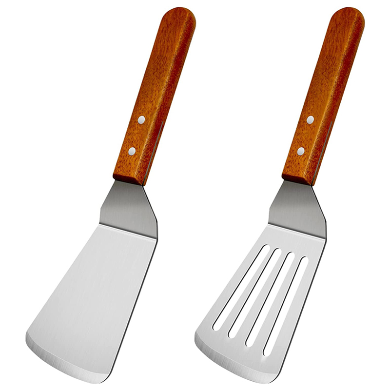 Okonomiyaki Spatula - 木製ハンドル付きスロットスパチュラ、鋳鉄フライパン、フィッシュエッググリル、調理器具用の金属製スパチュラ