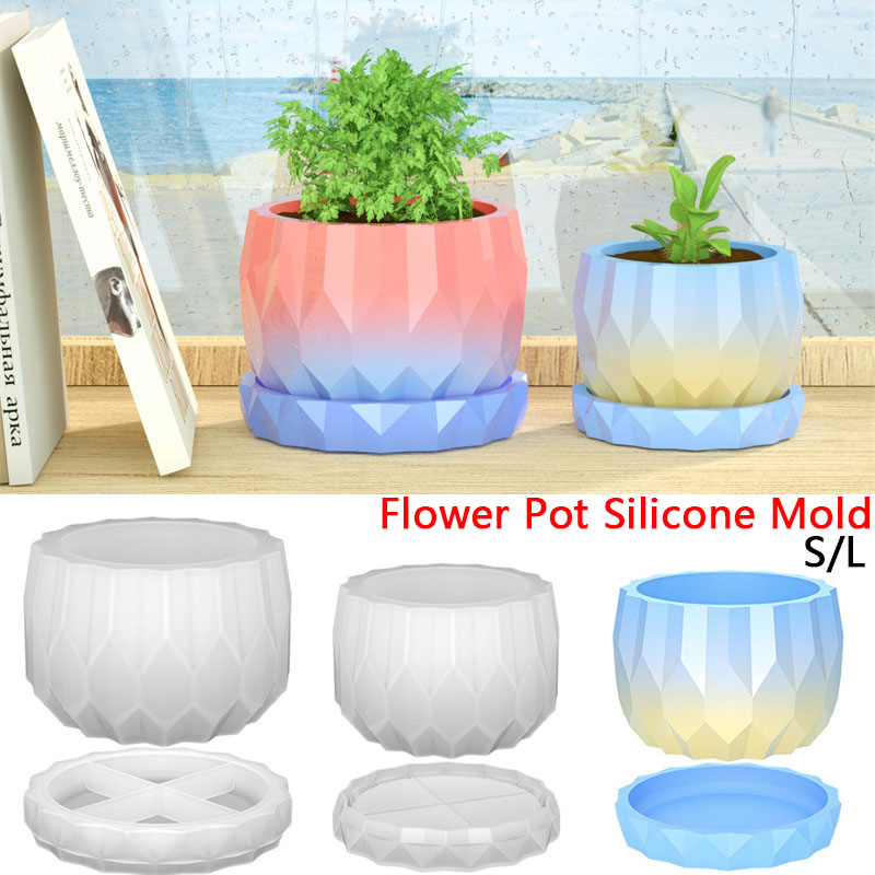 Potsticker Mold - コンクリート植木鉢とソーサー用のシリコンプランター型,DIYダイヤモンド型,ファセット花瓶,庭の装飾,1セット