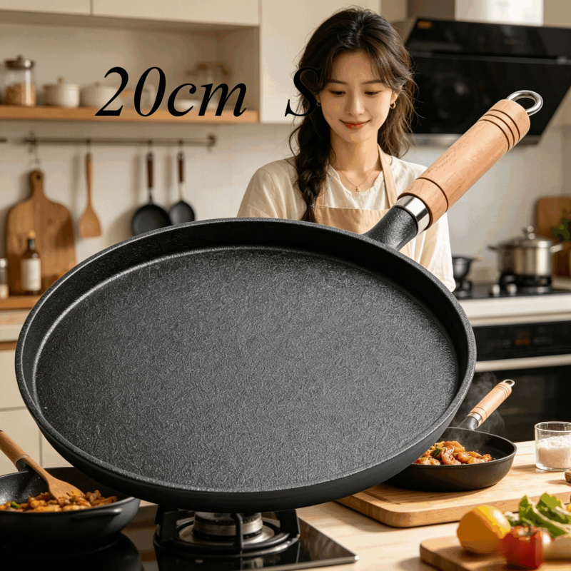 Egg Waffle Pan - 20cm 鋳鉄製フライパン 木製ハンドル付き – 無塗装プレシーズン加工済みフライパン（卵、クレープ、ステーキ、パンケーキ用）、ガス＆IH調理器対応